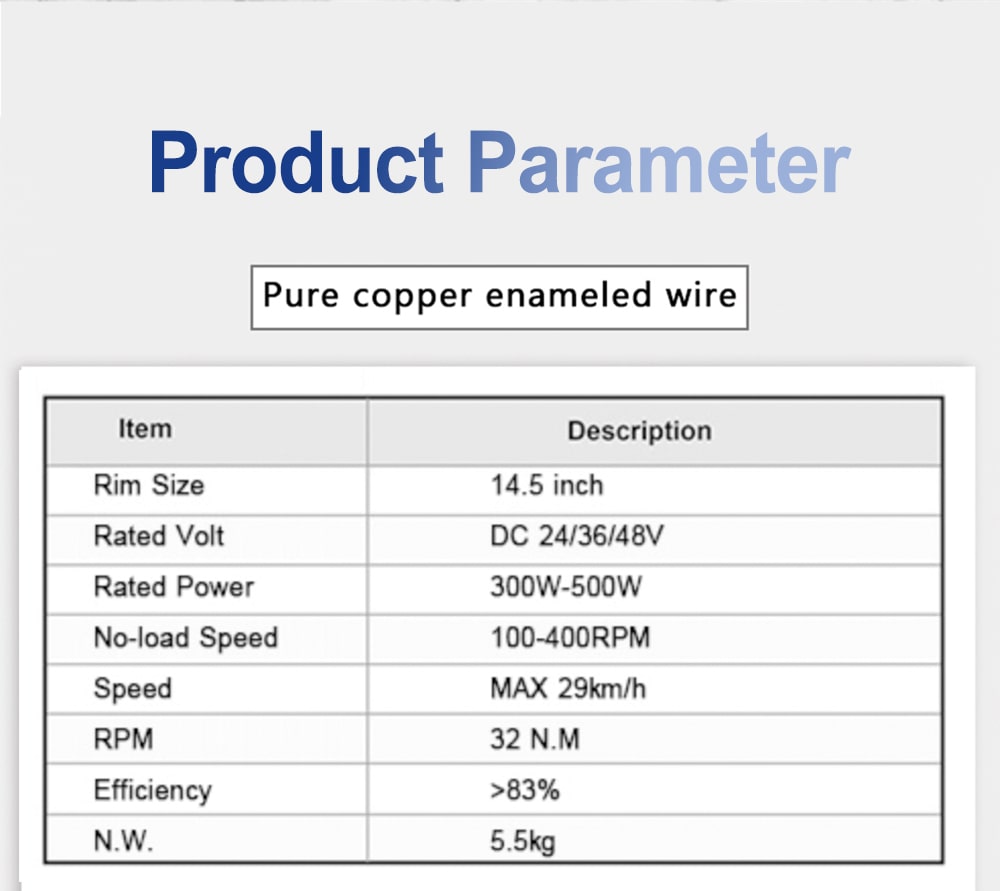 14.5 inch hub motor parameters 