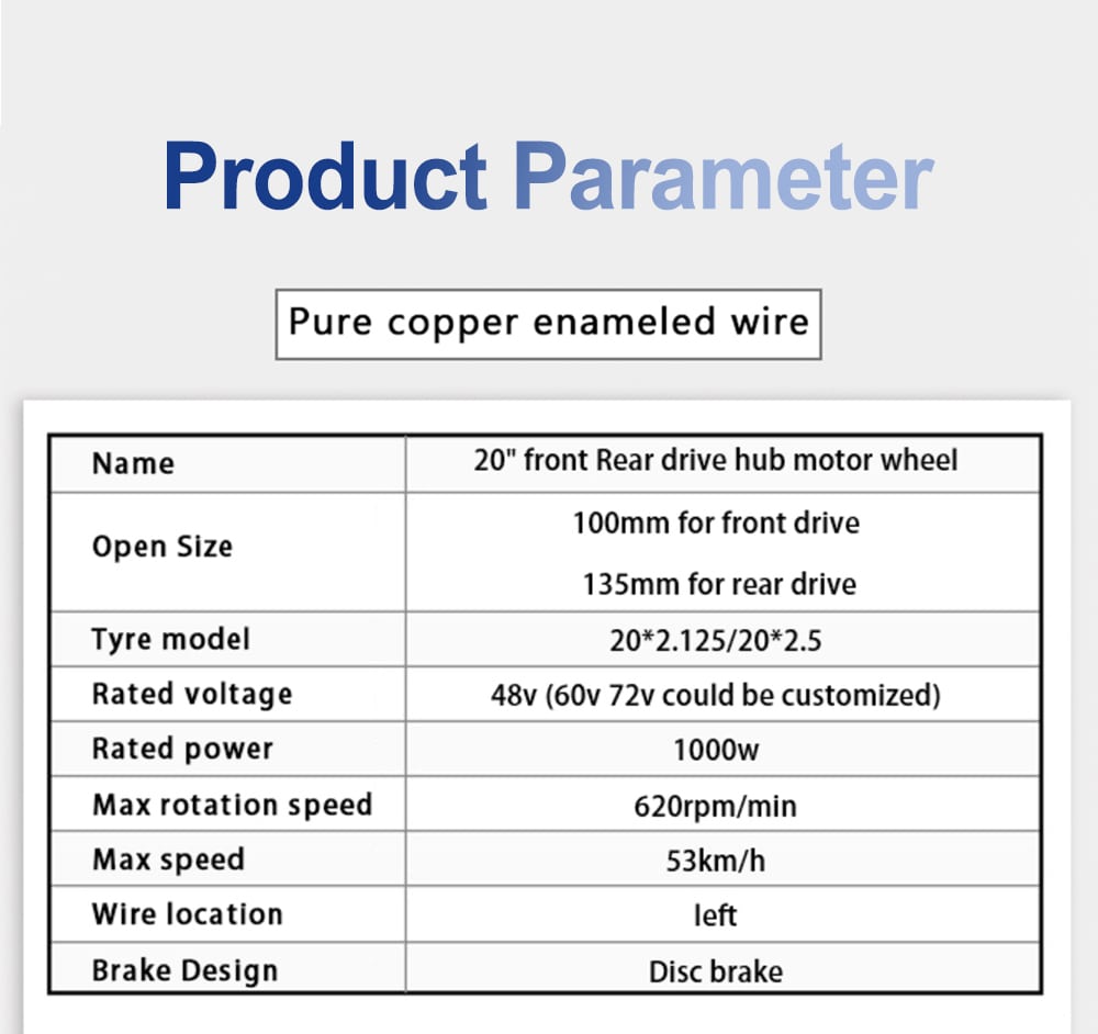20 inch integral hub motor parameters
