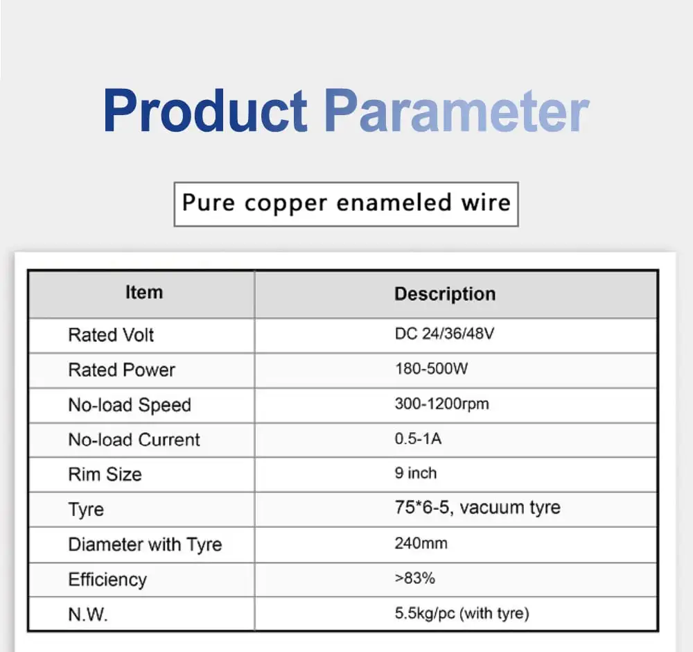 9 inch gearless hub motor parameters 